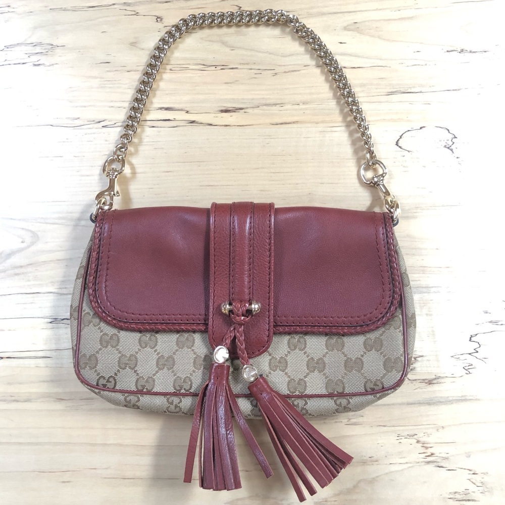 Gucci 🤎 Marrakech burgundy red leather & canvas shoulder bag w/ tassel